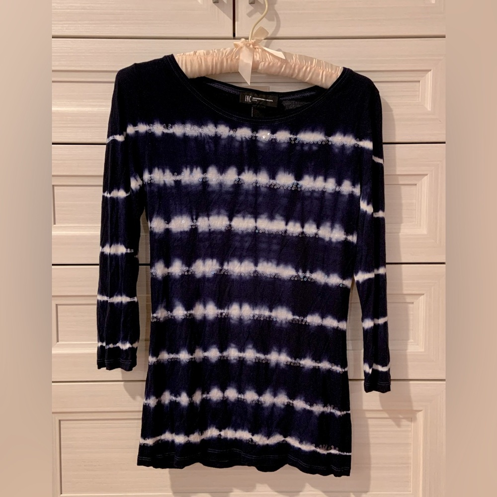 INC Navy Blue tie-dye sequin 3/4 sleeve top—very soft!